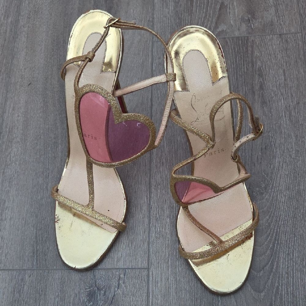 Louboutin Cora Heart Gold Glitter Strappy Stilettos Size 41